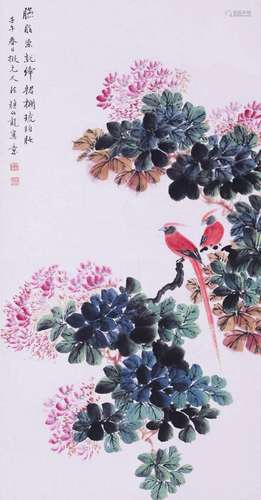 CHINESE SCROLL PAINTING OF BIRD AND FLOWER SIGNED BY YAN BOL...