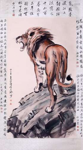 CHINESE SCROLL PAINTING OF LION ON ROCK WITH CALLIGRAPHY SIG...