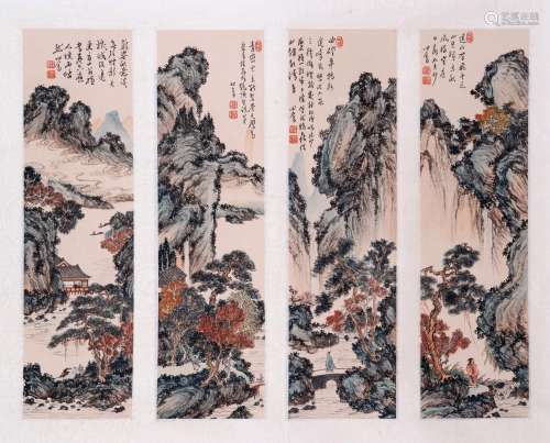 FOUR PENALES OF CHINESE SCROLL PAINTING OF MOUNTAIN VIEWS SI...