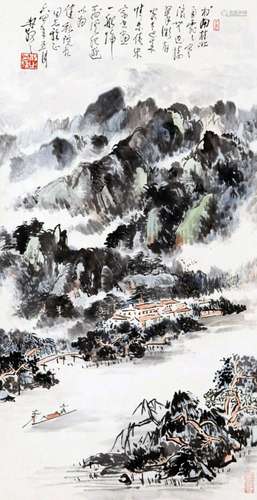 CHINESE SCROLL PAINTING OF MOUNTAIN VIEWS SIGNED BY LIN SANZ...