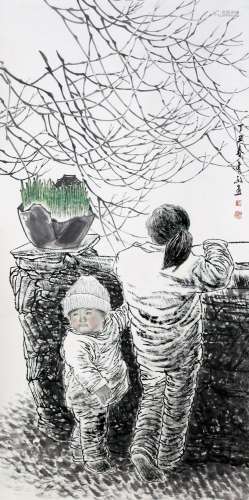 CHINESE SCROLL PAINTING OF KID UNDER TREE SIGNED BY WANG YOU...