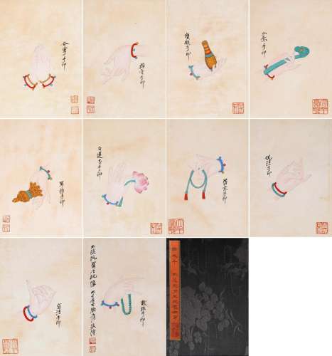 TEN PAGES OF CHINESE ALBUM PAINTING OF BUDDHA WITH FLOWER SI...