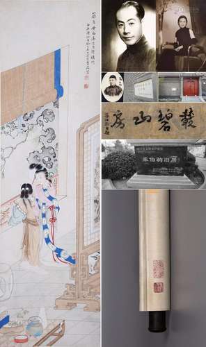 CHINESE SCROLL PAINTING OF BEAUTY IN GARDEN SIGNED BY FEI DA...