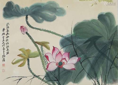 CHINESE SCROLL PAINTING OF LOTUS SIGNED BY ZHANG DAQIAN