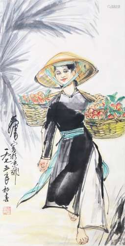CHINESE SCROLL PAINTING OF GIRL WITH FRUIT SIGNED BY HUANG Z...