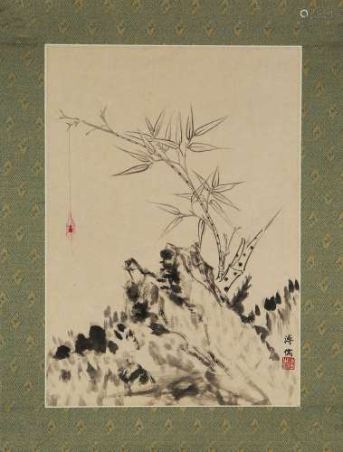CHINESE SCROLL PAINTING OF SPIDER ON BAMBOO SIGNED BY PURU