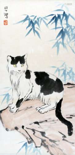 CHINESE SCROLL PAINTING OF CAT ON ROCK SIGNED BY XU BEIHONG