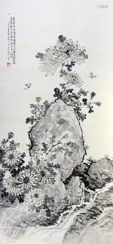 CHINESE SCROLL PAINTING OF FLOWER AND ROCK SIGNED BY CHEN BA...