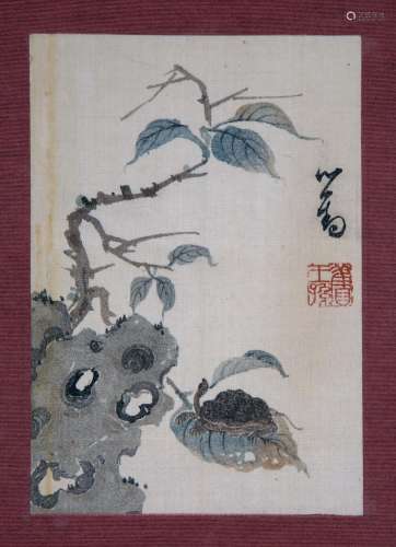 CHINESE SCROLL PAINTING OF TURTLE AND ROCK SIGNED BY PURU