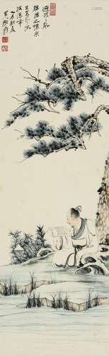 CHINESE SCROLL PAINTING OF MAN UNDER PINE SIGNED BY ZHANG DA...