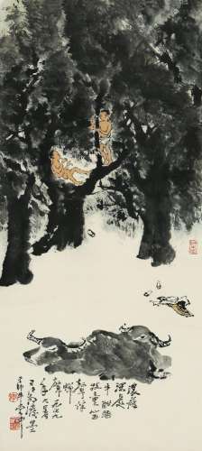 CHINESE SCROLL PAINTING OF BOY ON TREE SIGNED BY LI KERAN