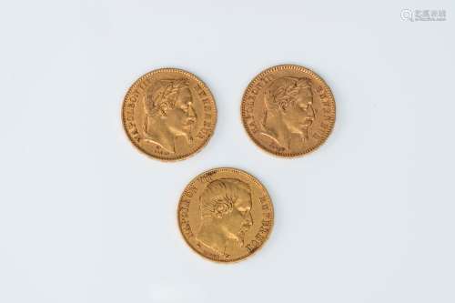 Three 21 carat yellow gold French '20 francs' coins, dated 1...
