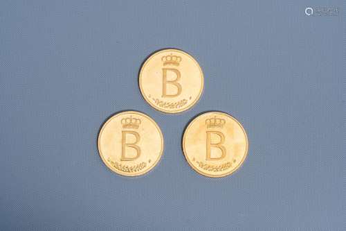 Three Belgian 21,6 carat yellow gold coins on the occasion o...