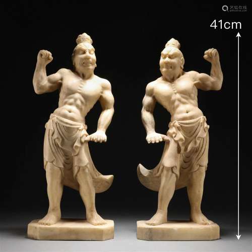Pair Carved Marble Figure of Guardians