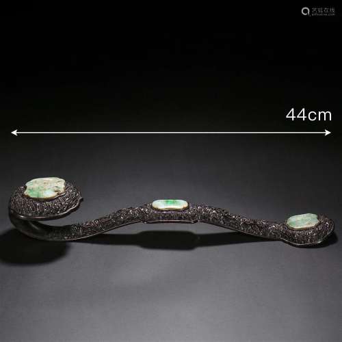 A Chinese Carved Jadeite Panels Inlaid Rosewood Ruyi Scepter