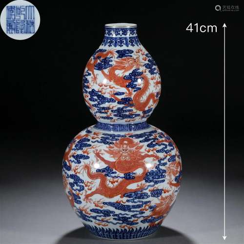 A Chinese Underglaze Blue and Iron Red Double Gourds Vase