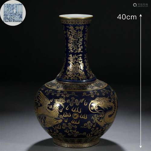 A Chinese Blue Glaze and Gilt Bottle Vase
