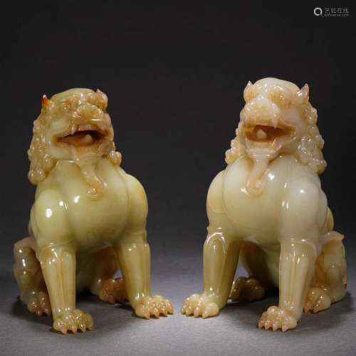 Pair Chinese Carved Jade Lions