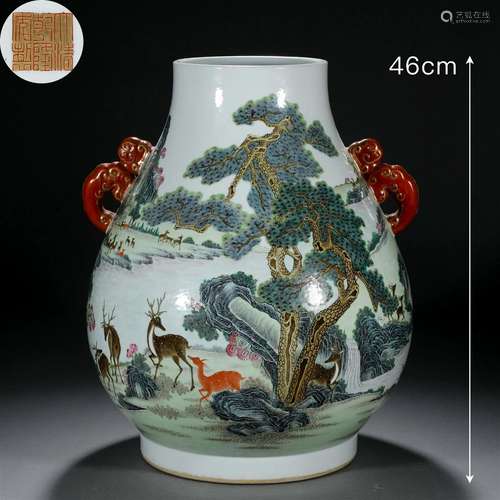 A Chinese Famille Rose Hundred Deers Zun Vase