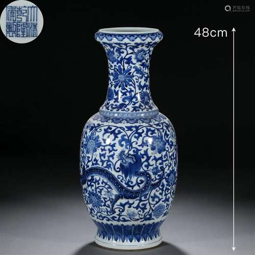 A Chinese Blue and White Dragon and Floral Scroll Vase