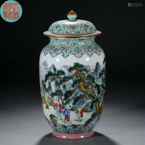 A Chinese Falangcai and Gilt Landscape Jar with Cover
