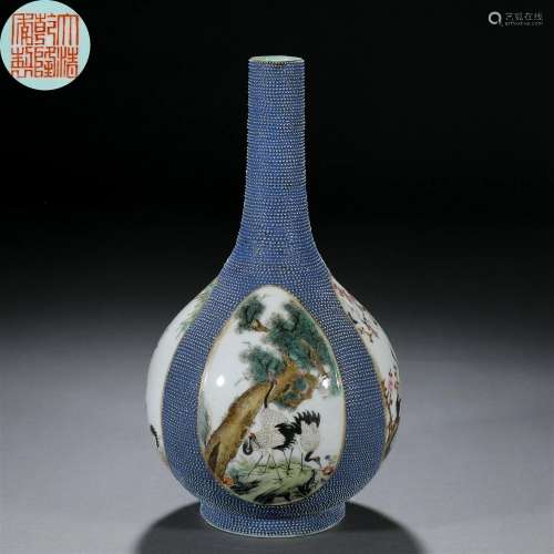 A Chinese Blue Ground and Famille Rose Bottle Vase