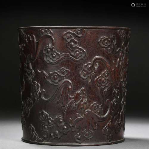 A Chinese Carved Rosewood Chilong Brush-pot