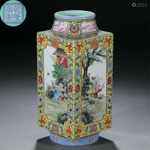 A Chinese Falangcai and Gilt Squared Vase