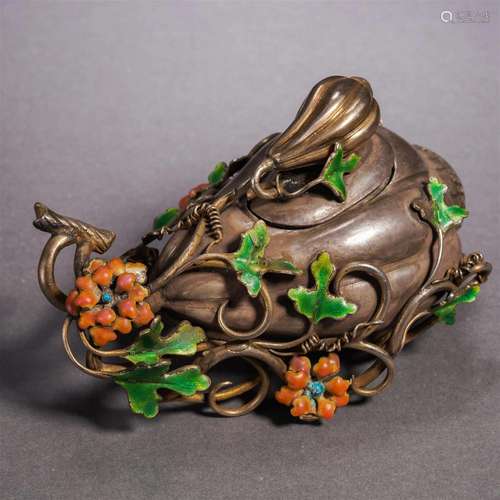 A Chinese Enameled Silver Mellong Form Box