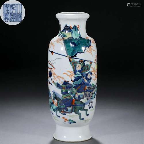 A Chinese Famille Verte Figural Story Sleeve Vase