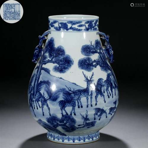 A Chinese Blue and White Hundred Deers Zun Vase