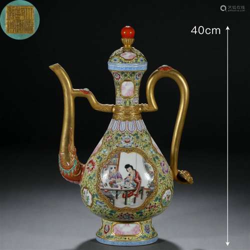 A Chinese Falangcai and Gilt Medallion Kettle
