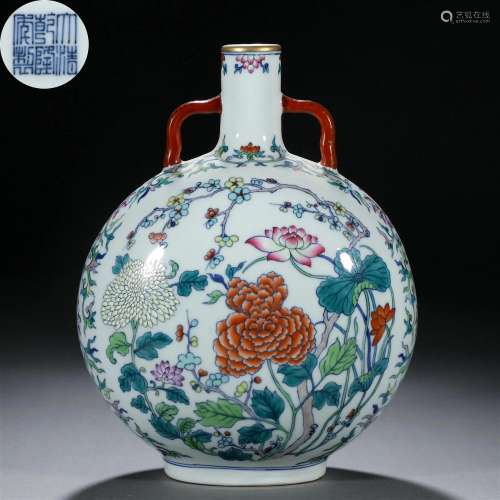 A Chinese Doucai Glaze and Gilt Florette Moon Flask