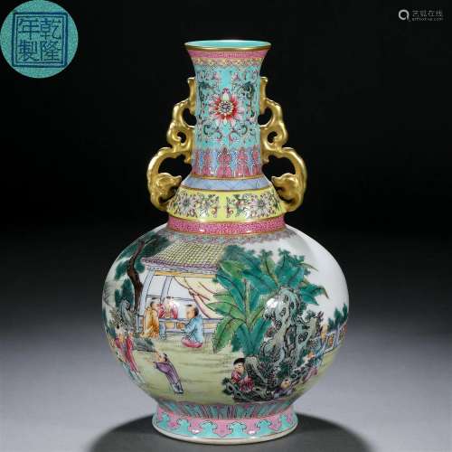 A Chinese Falangcai and Gilt Landscape Vase