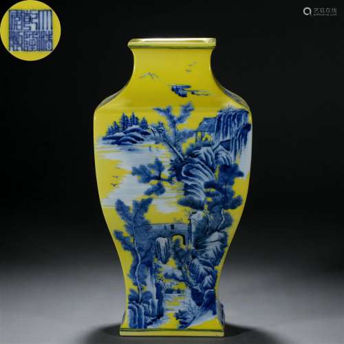 A Chinese Yellow Ground and Underglaze Blue Landscape Vase