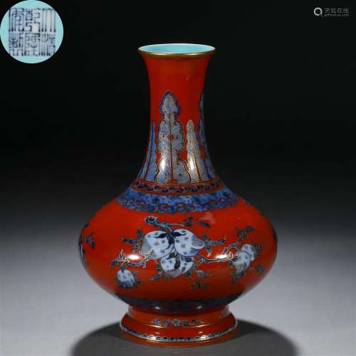 A Chinese Underglaze Blue and Iron Red Three Abundances Vase