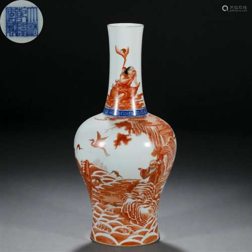 A Chinese Underglaze Blue and Iron Red Figural Story Vase