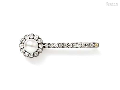 Broche barrette en or 585 et argent 800 millièmes, ornée d'u...