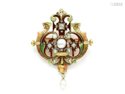 Lucien FALIZE (1839-1897). Broche en or satiné 750 millièmes...