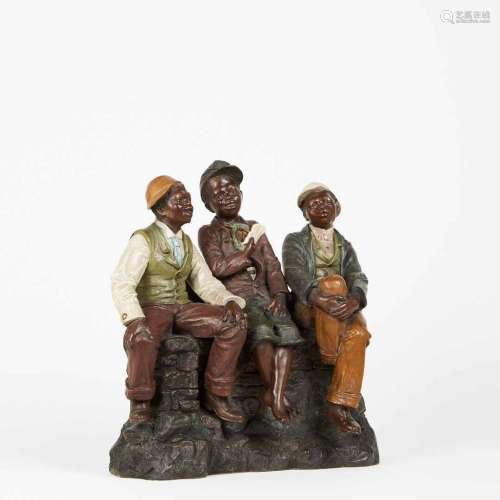 Groupe en grès polychrome représentant 3 hommes de couleur a...