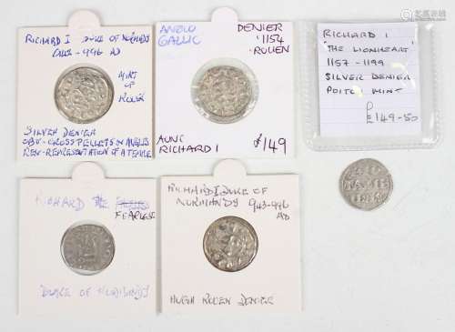 Five Richard I of Normandy hammered silver coins, including ...