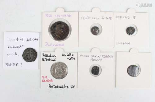 A small collection of ancient coinage, including a Nero dupo...