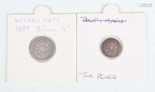 A William and Mary threepence 1689 and a William and Mary tw...
