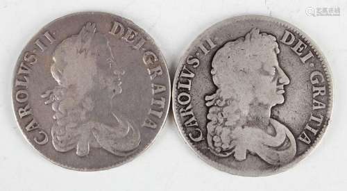 A Charles II crown 1667, edge detailed 'Nono', and a Charles...