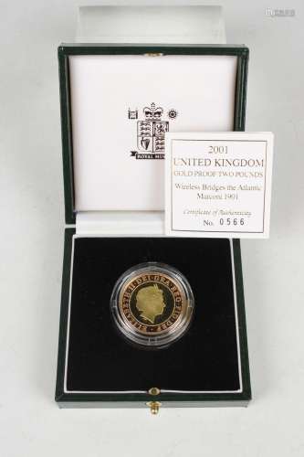 An Elizabeth II Royal Mint gold proof two pounds coin 2001 c...