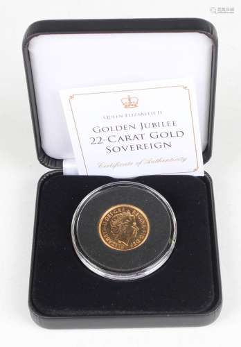 An Elizabeth II Jubilee Mint sovereign 2002, cased with cert...