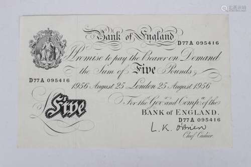 A Bank of England white five pounds note, L.K. O'Brien Chief...