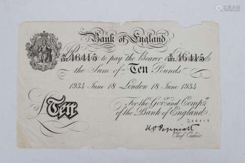 A Bank of England white ten pounds note, Kenneth O. Peppiatt...