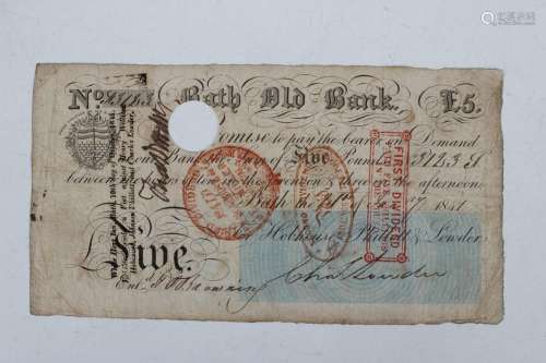 A mid-19th century Provincial Bath Old Bank five pounds note...