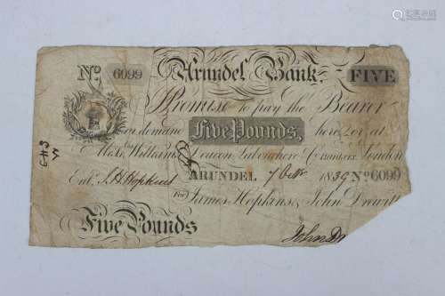 A rare early Victorian Provincial Arundel Bank five pounds n...